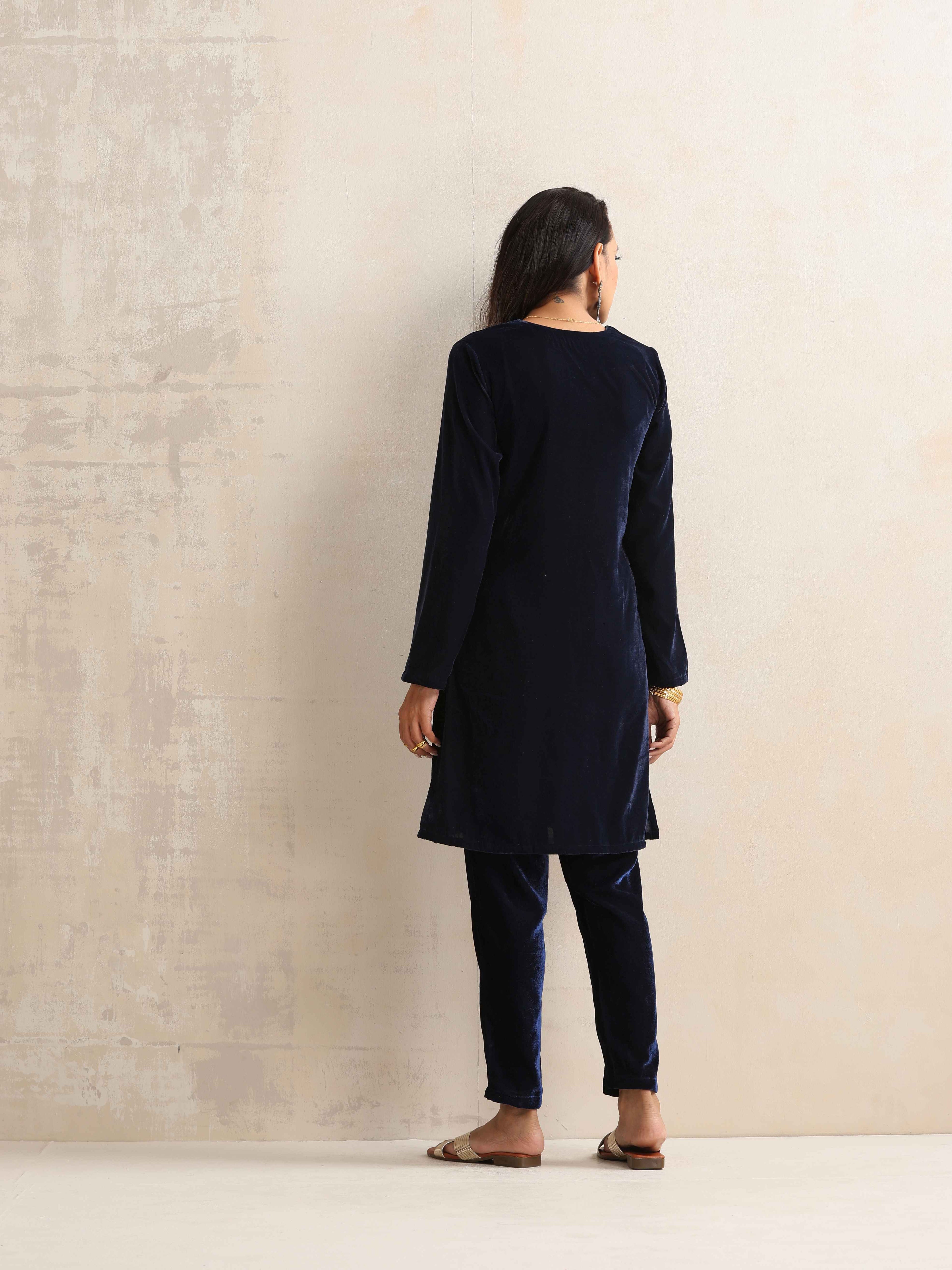 trueBrowns Blue Velvet Kurta Co-ord Set | Grocsy