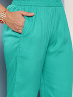 InWeave Women's Teal Lace Work Straight Strappy Kurta Set With Lime Green Chiffon Dupatta | Grocsy