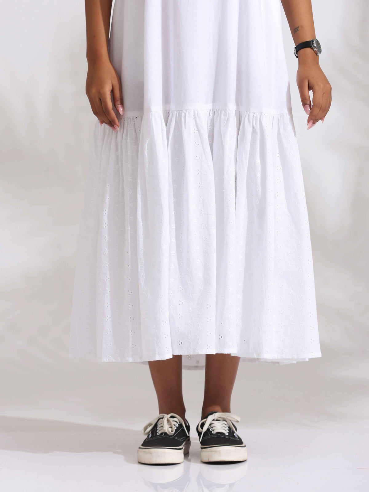 trueBrowns White Cotton Schiffli Tier Dress | Grocsy