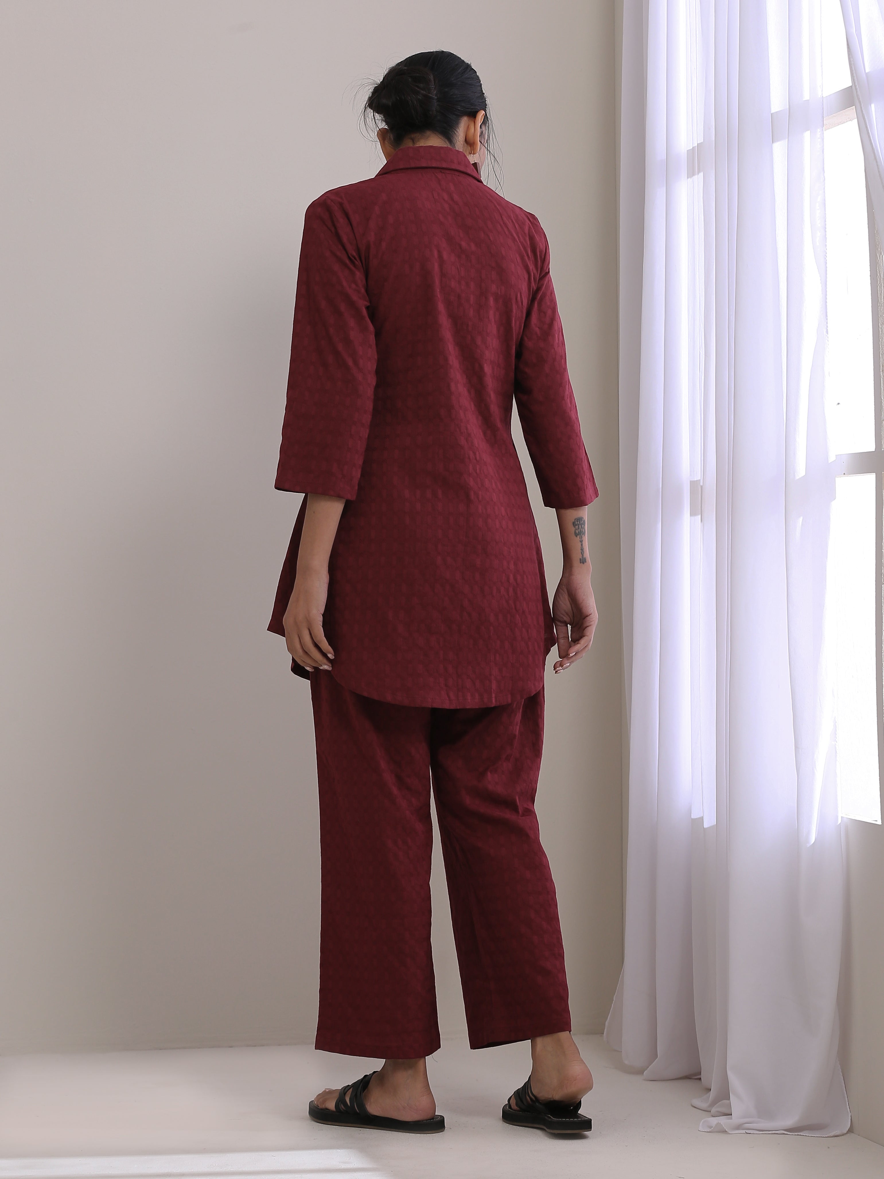 trueBrowns Ruby Wine Dobby Collar Short Co-Ord Set | Grocsy