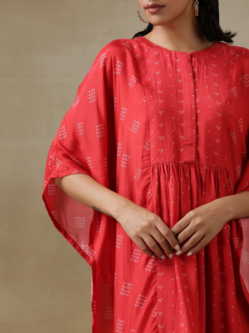 trueBrowns Red Bandhani Printed Silk Kaftan Gathered Co-Ord Set | Grocsy