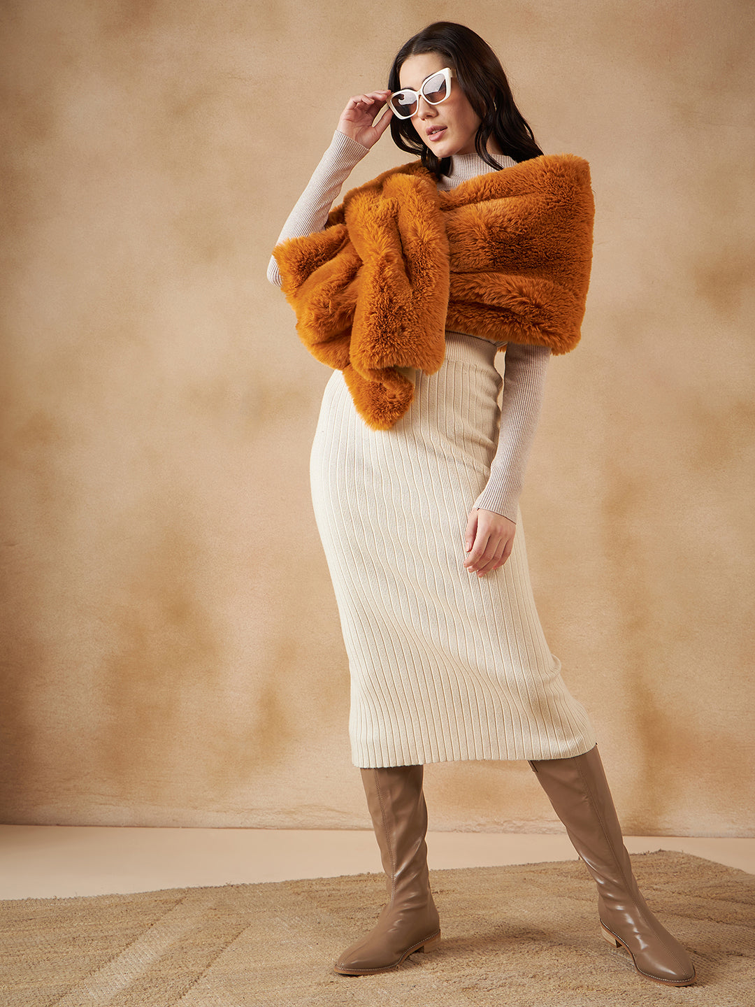 InWeave Women's Carrot Orange Long Faux Fur Cape | Grocsy