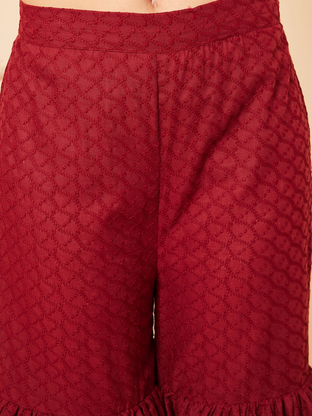InWeave Women's Carmine Maroon Lace Work Double Layer Sharara Set | Grocsy