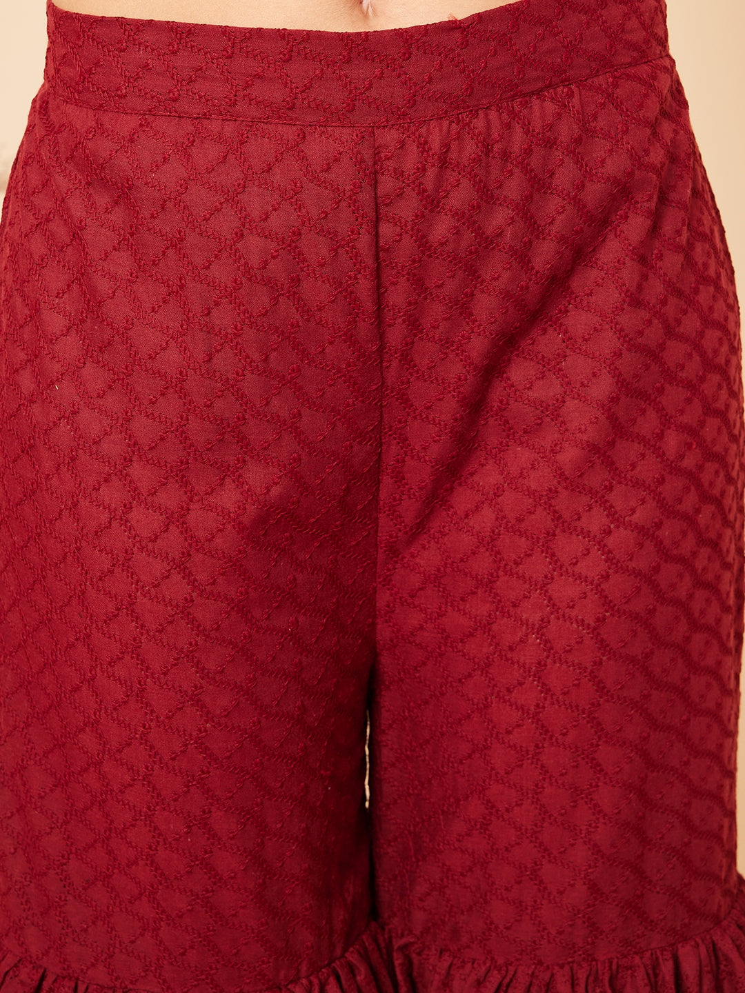InWeave Women's Carmine Maroon Lace Work Double Layer Sharara Set | Grocsy