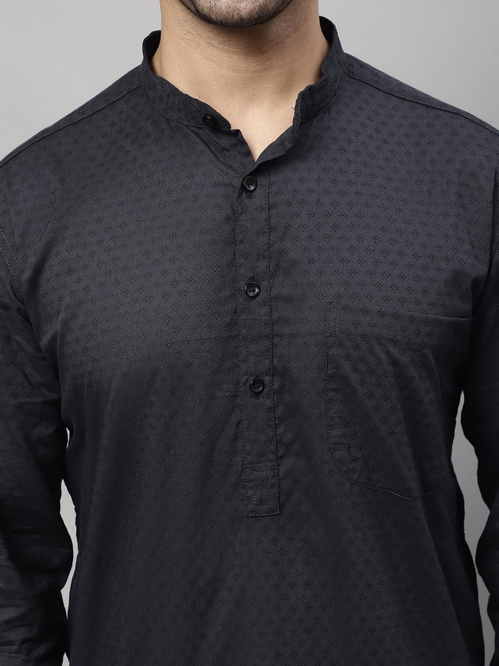 Even Apparels Black Pure Cotton Kurta With Band Collar | Grocsy