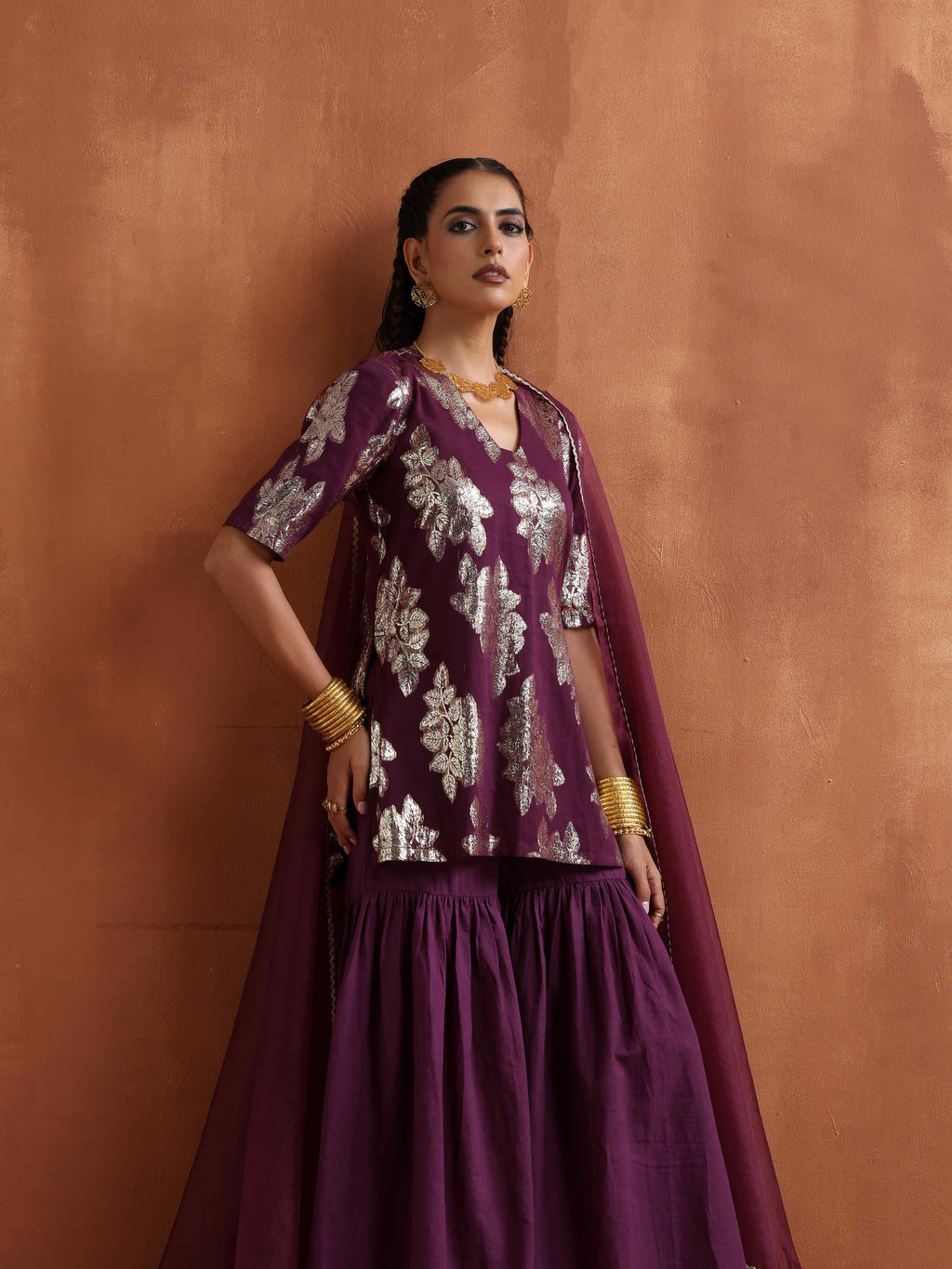 trueBrowns Purple Metallic Sharara Dupatta Set | Grocsy