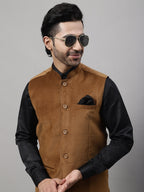 Even Apparels Men's Brown Nehru Jacket With Welt Pockets | Grocsy