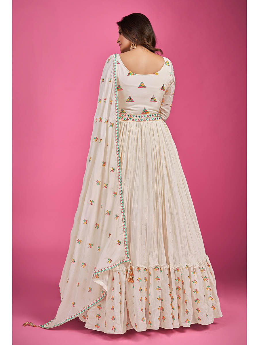 Myra White Chinon Silk Embroidered Gown | Grocsy
