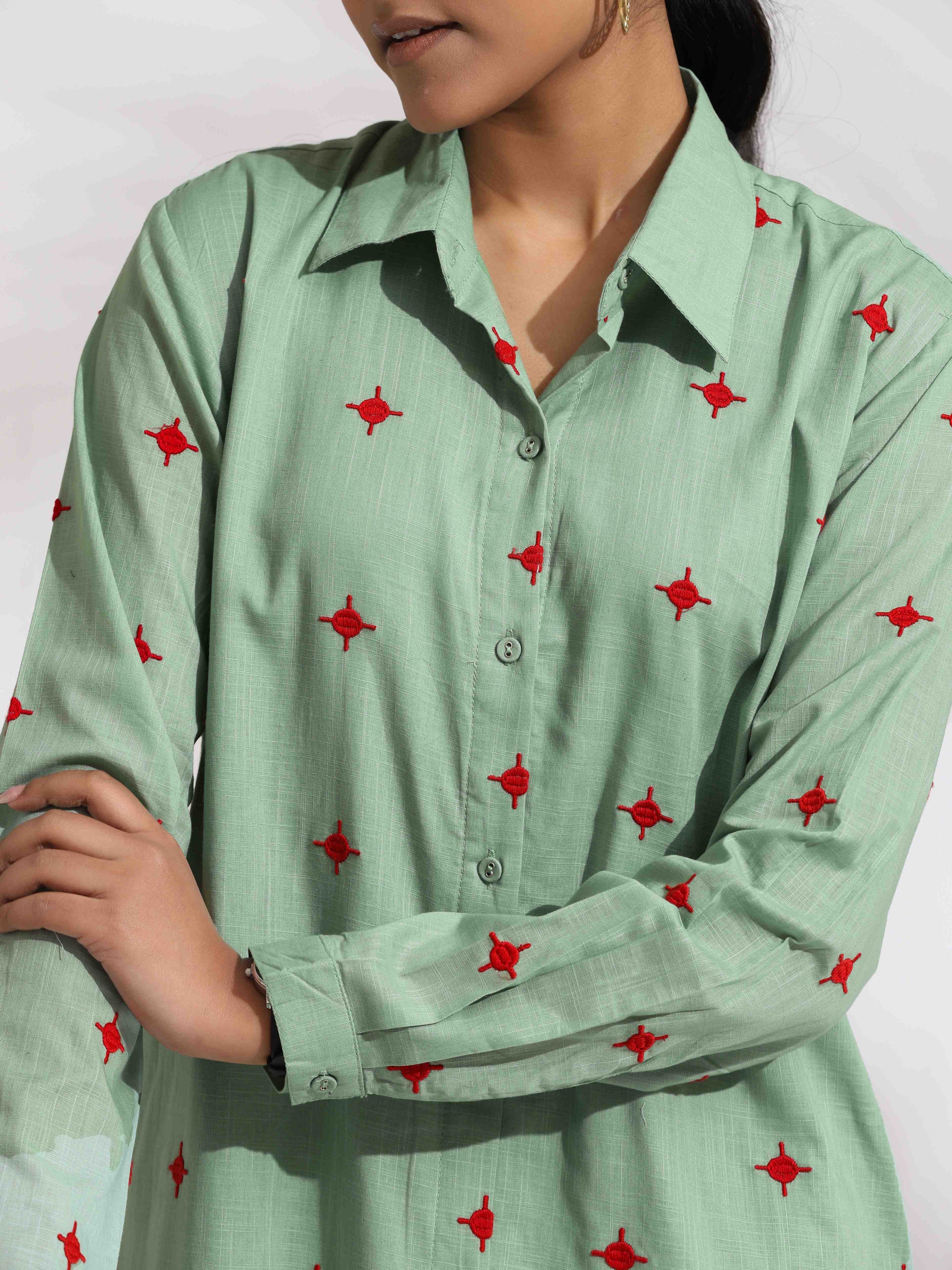 trueBrowns Green Cotton Embroidered Shirt Dress | Grocsy