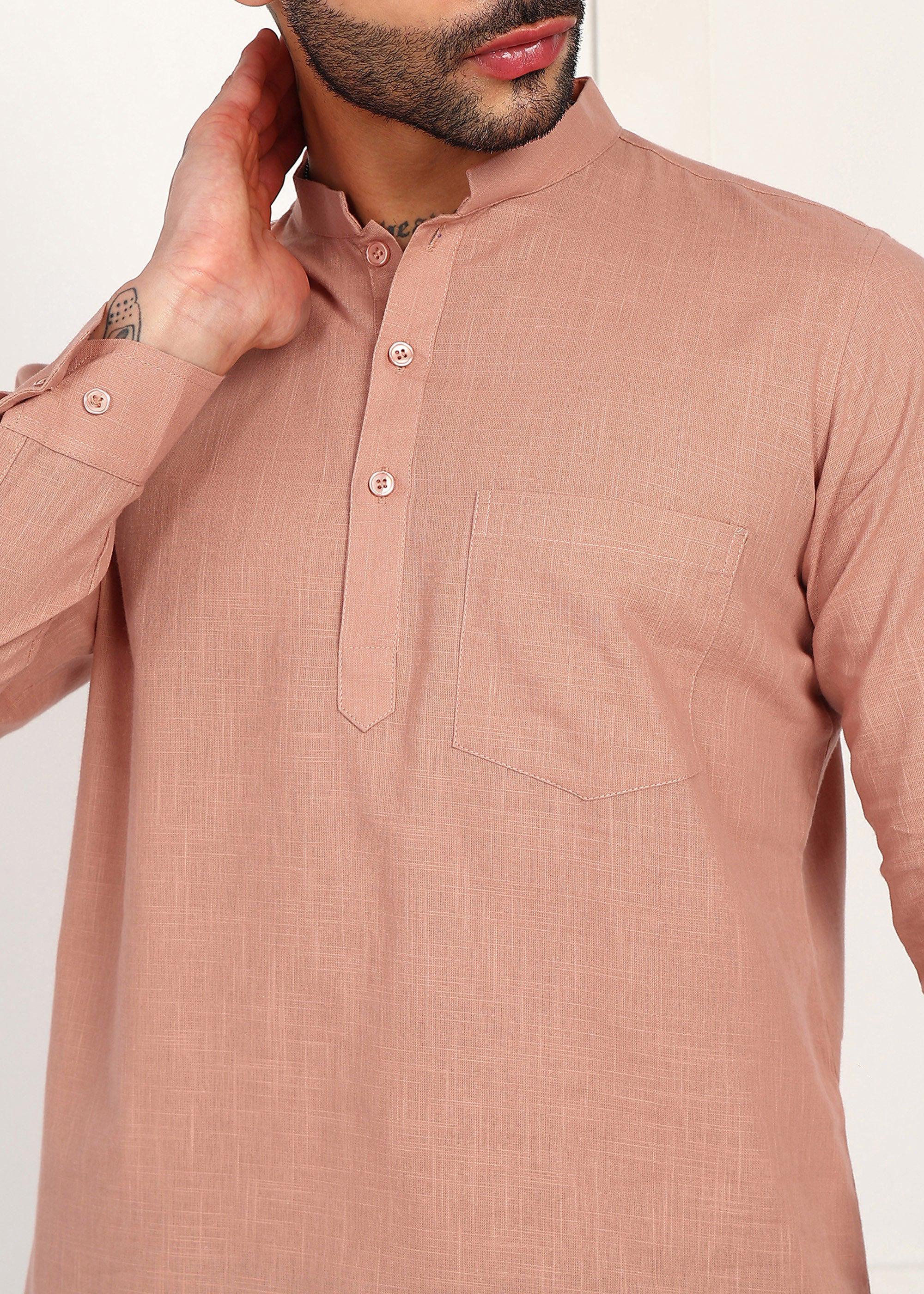 Fabmade Men’S Peach Linen Short Kurta | Grocsy