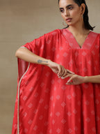 trueBrowns Red Bandhani Printed Silk Panel Kaftan Kurta Pant Set | Grocsy