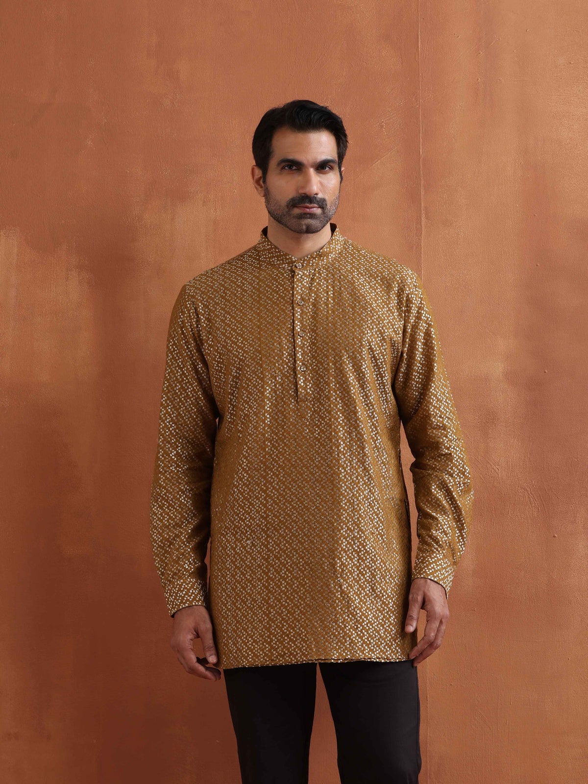 trueBrowns Men's Mustard Cotton Dobby Short Kurta | Grocsy