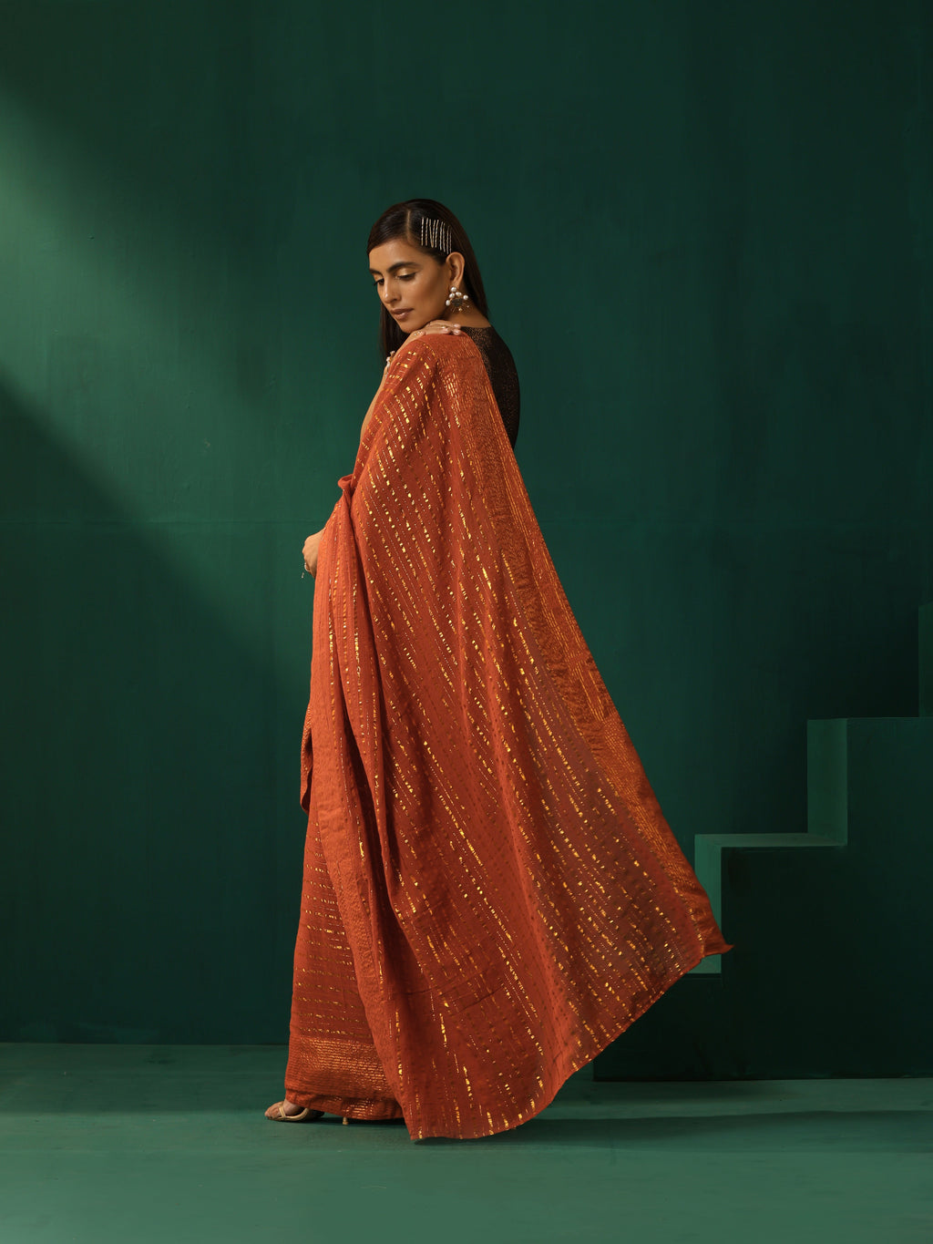 trueBrowns Rust Cotton Gold Lurex Striped Ready to Wear Saree | Grocsy