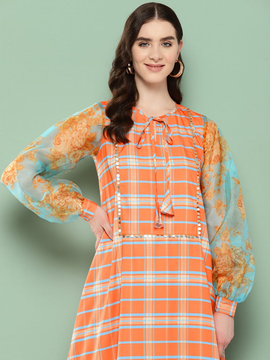 Ahalyaa Checked Tie-Up Neck Sequined Ethnic A-Line Midi Dress | Grocsy