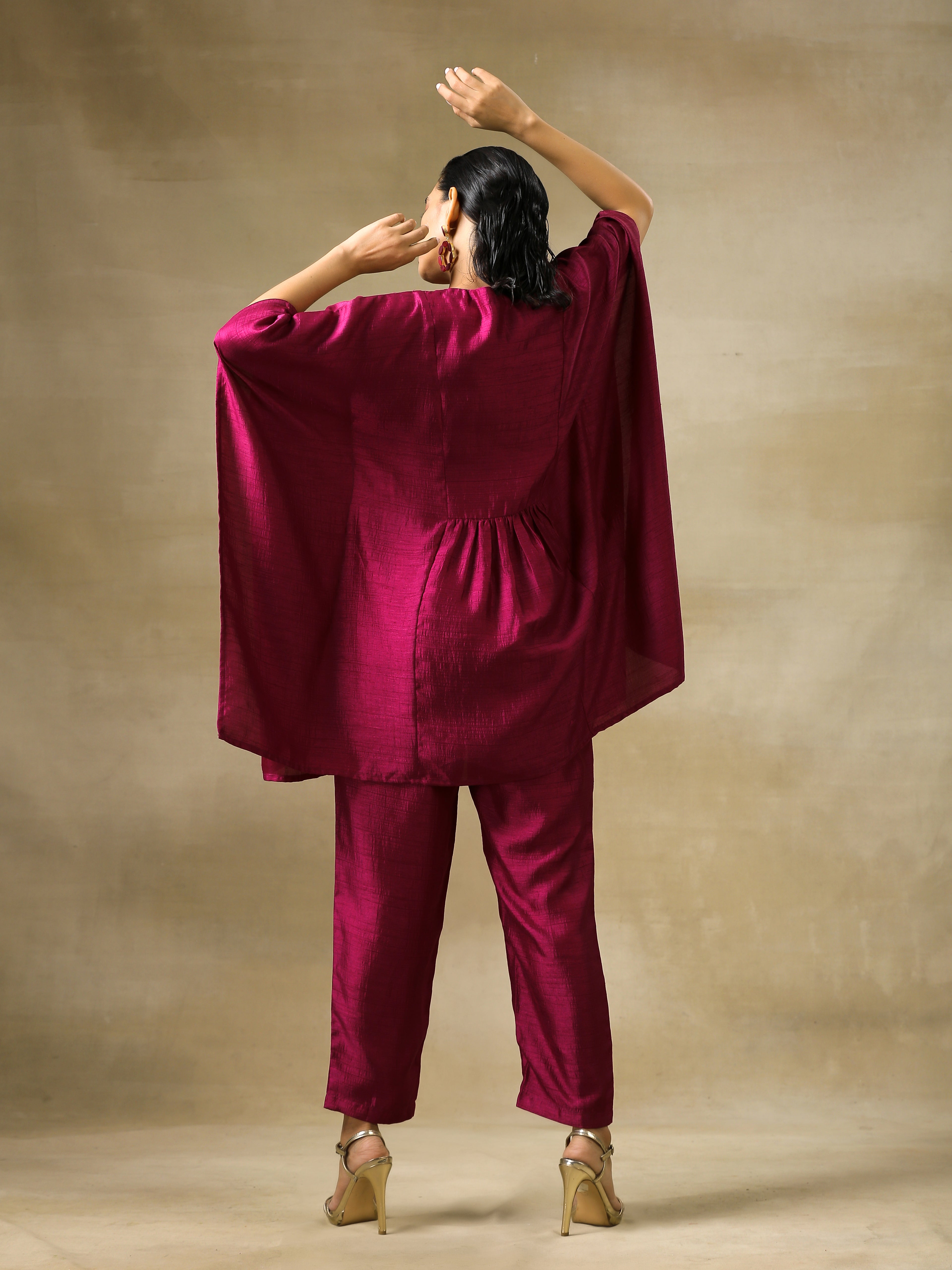 trueBrowns Purple Textured Silk Gathered Kaftan Co-Ord Set | Grocsy