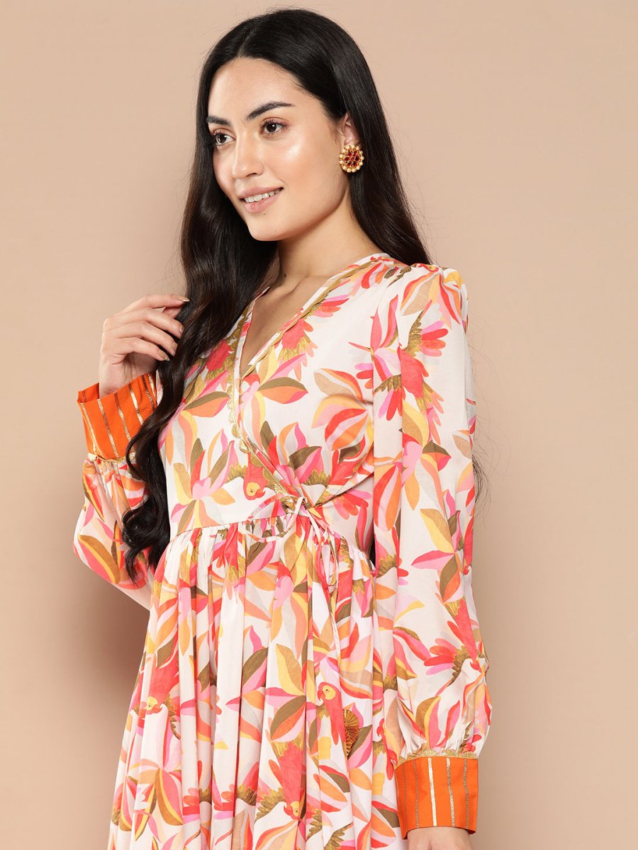 Ahalyaa Floral Printed Tie-Ups Crepe Empire Ethnic Dress | Grocsy