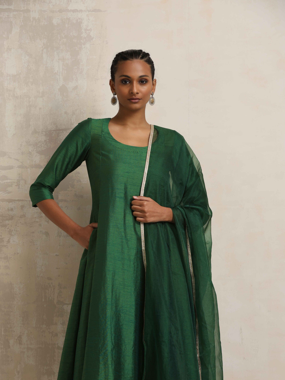 trueBrowns Dark Green Anarkali Kurta Pant Dupatta Set | Grocsy