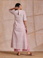 trueBrowns Pink Green Floral On White Block Print Cotton Slit Kurta Pant Set | Grocsy