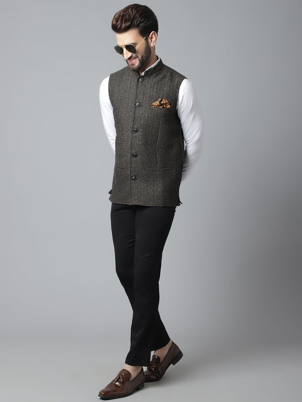 Even Apparels Men's Brown Pure Wool Nehru Jacket | Grocsy