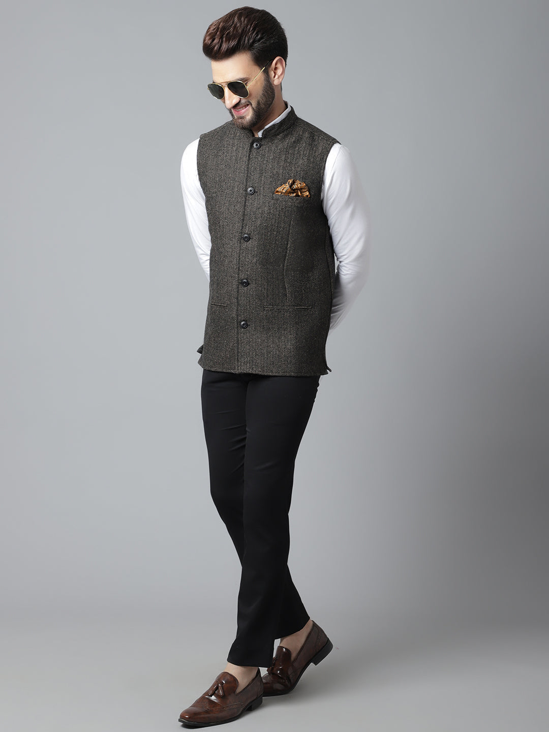 Even Apparels Men's Brown Pure Wool Nehru Jacket | Grocsy