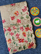 Mameraa Sarees Beige Matka Silk Saree With Heavy Floral Embroidery Border With Running Blouse-Beige | Grocsy