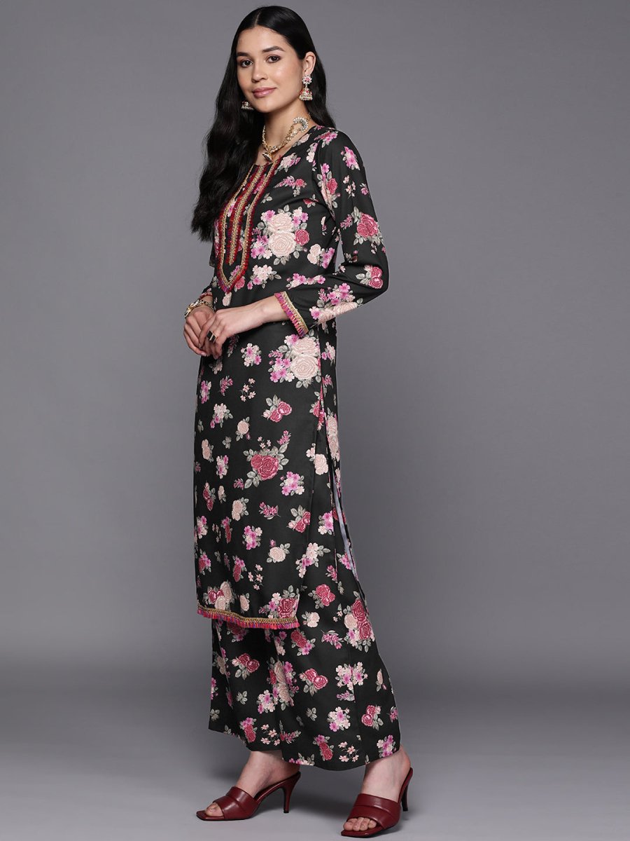 Ahalyaa Women Black Floral Printed Gotta Patti Kurta with Palazzos & With Dupatta | Grocsy