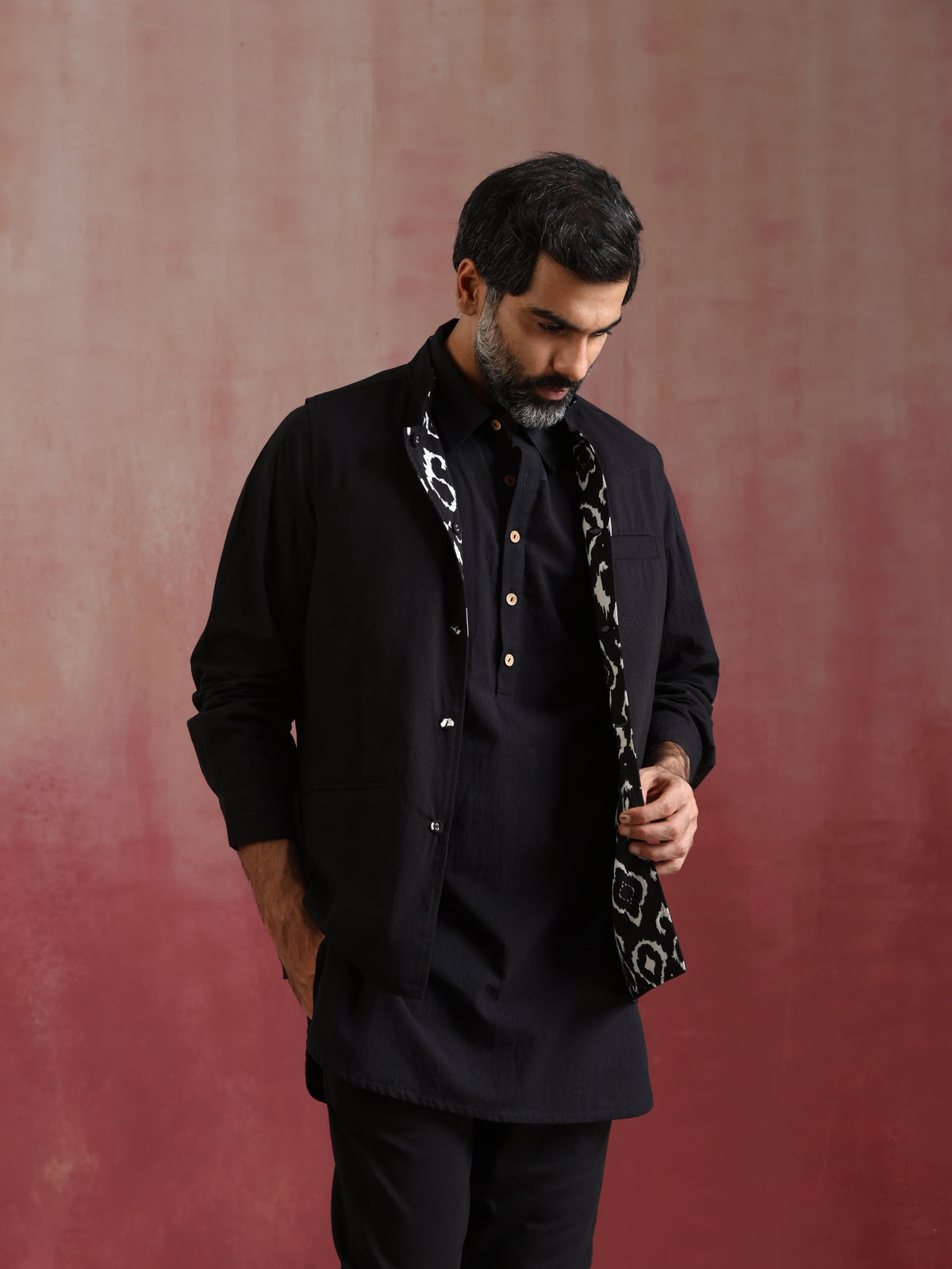 trueBrowns Men's Black Ikat Print Cotton Reversible Nehru Jacket | Grocsy
