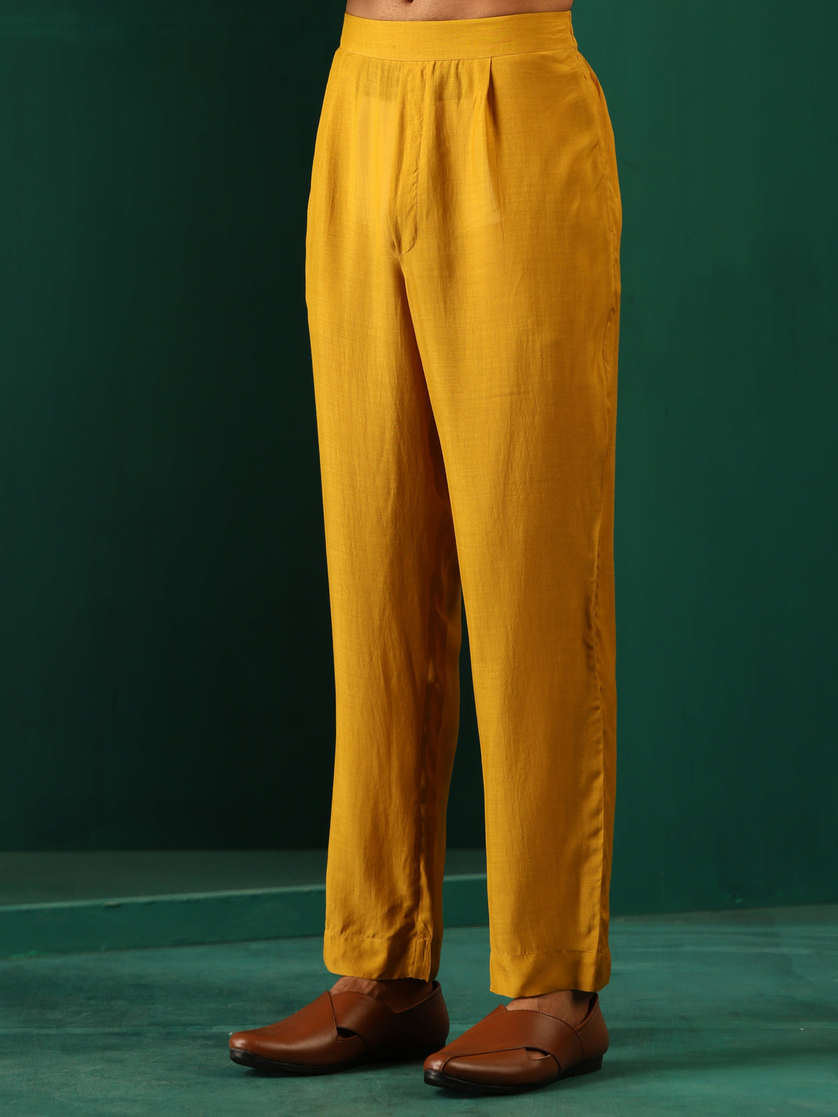 trueBrowns Men's Mustard Flower Stem Muslin Silk Printed Co-ord Set | Grocsy