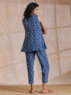 trueBrowns Indigo Dabu Zig-Zag Motifs Print Cotton Sleeveless Co-Ord Set | Grocsy
