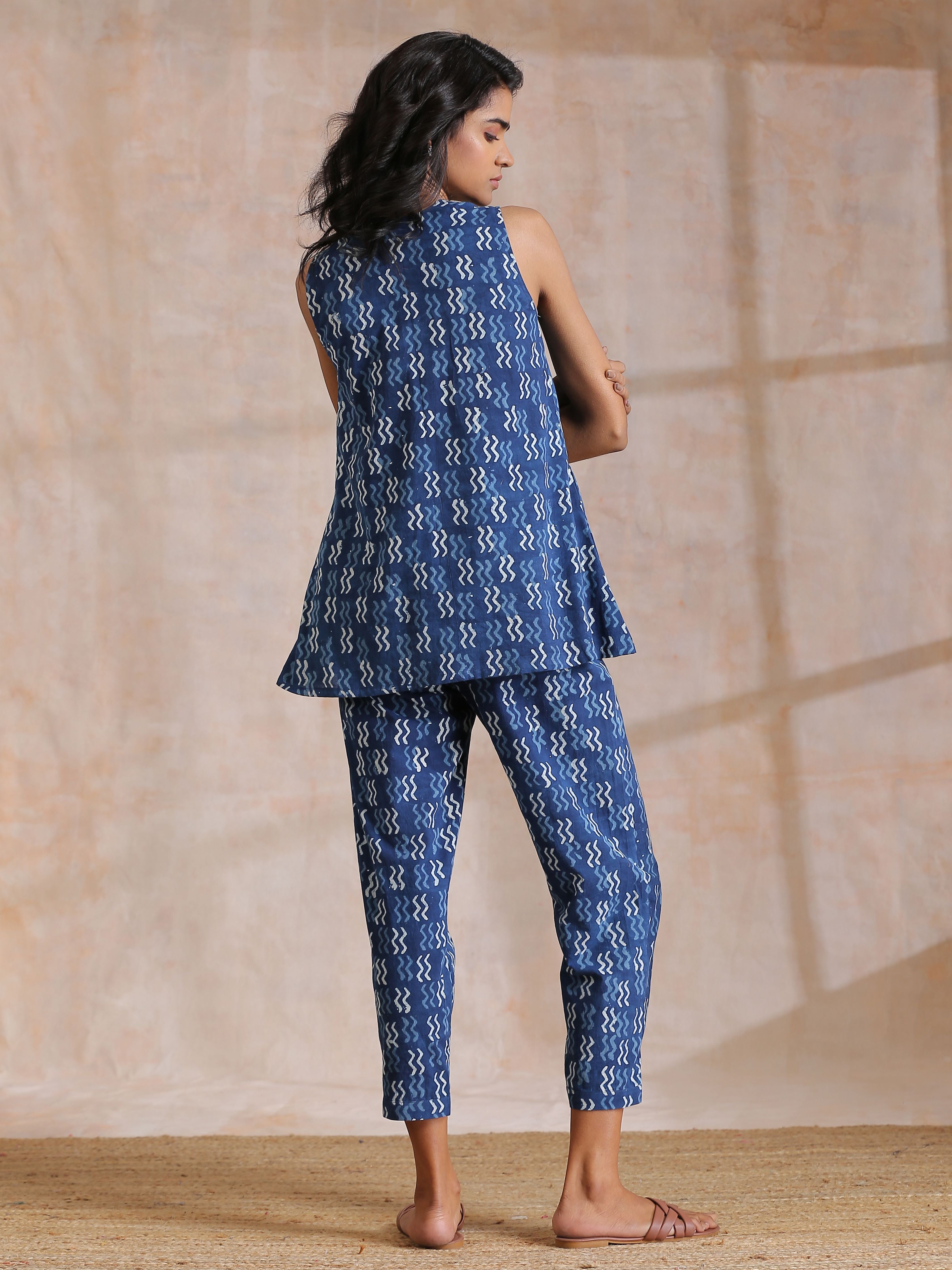 trueBrowns Indigo Dabu Zig-Zag Motifs Print Cotton Sleeveless Co-Ord Set | Grocsy
