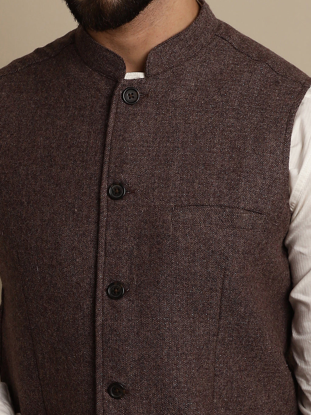 Even Apparels Men's Brown Mandarin Collar Waistcoat | Grocsy