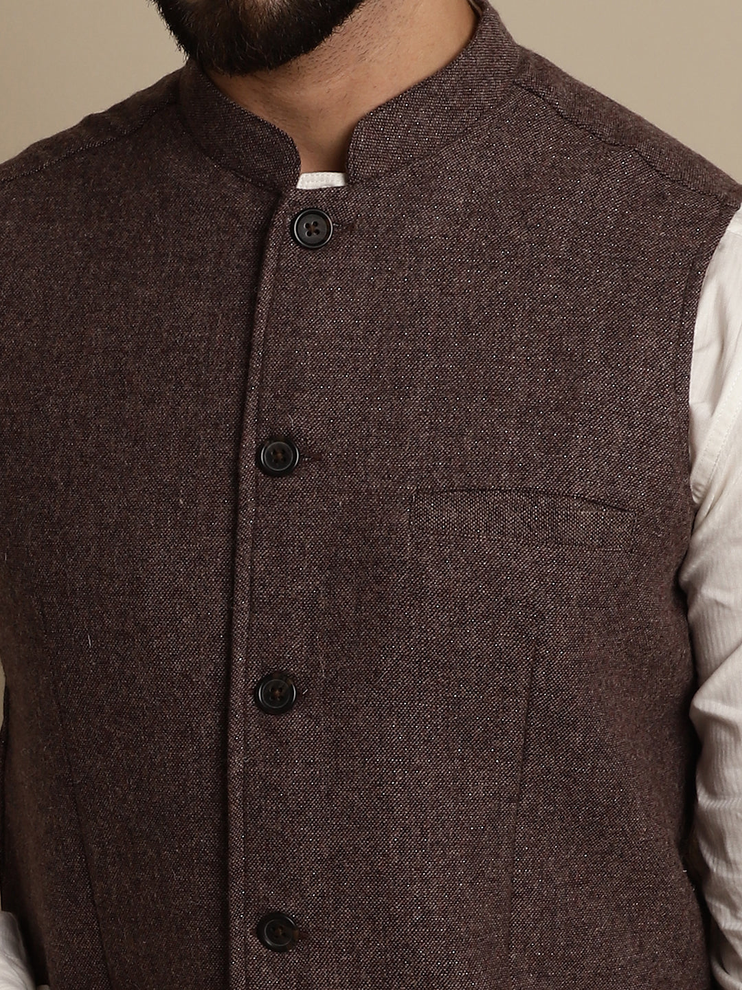 Even Apparels Men's Brown Mandarin Collar Waistcoat | Grocsy