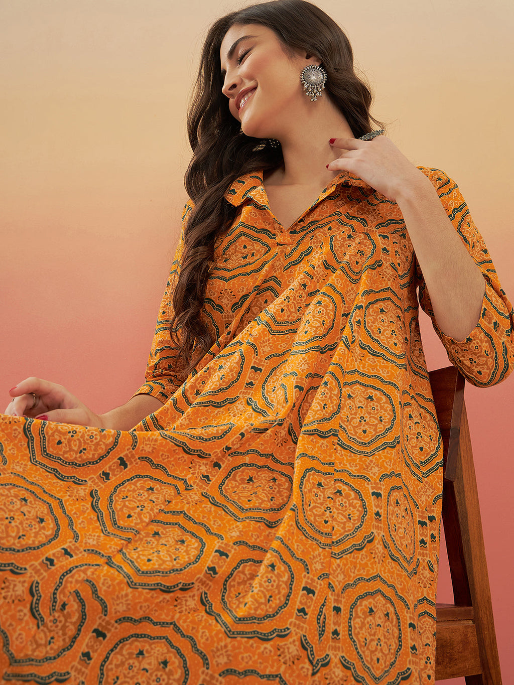 InWeave Women's Haldi Yellow Mughal Kalamkari Flared Dress | Grocsy