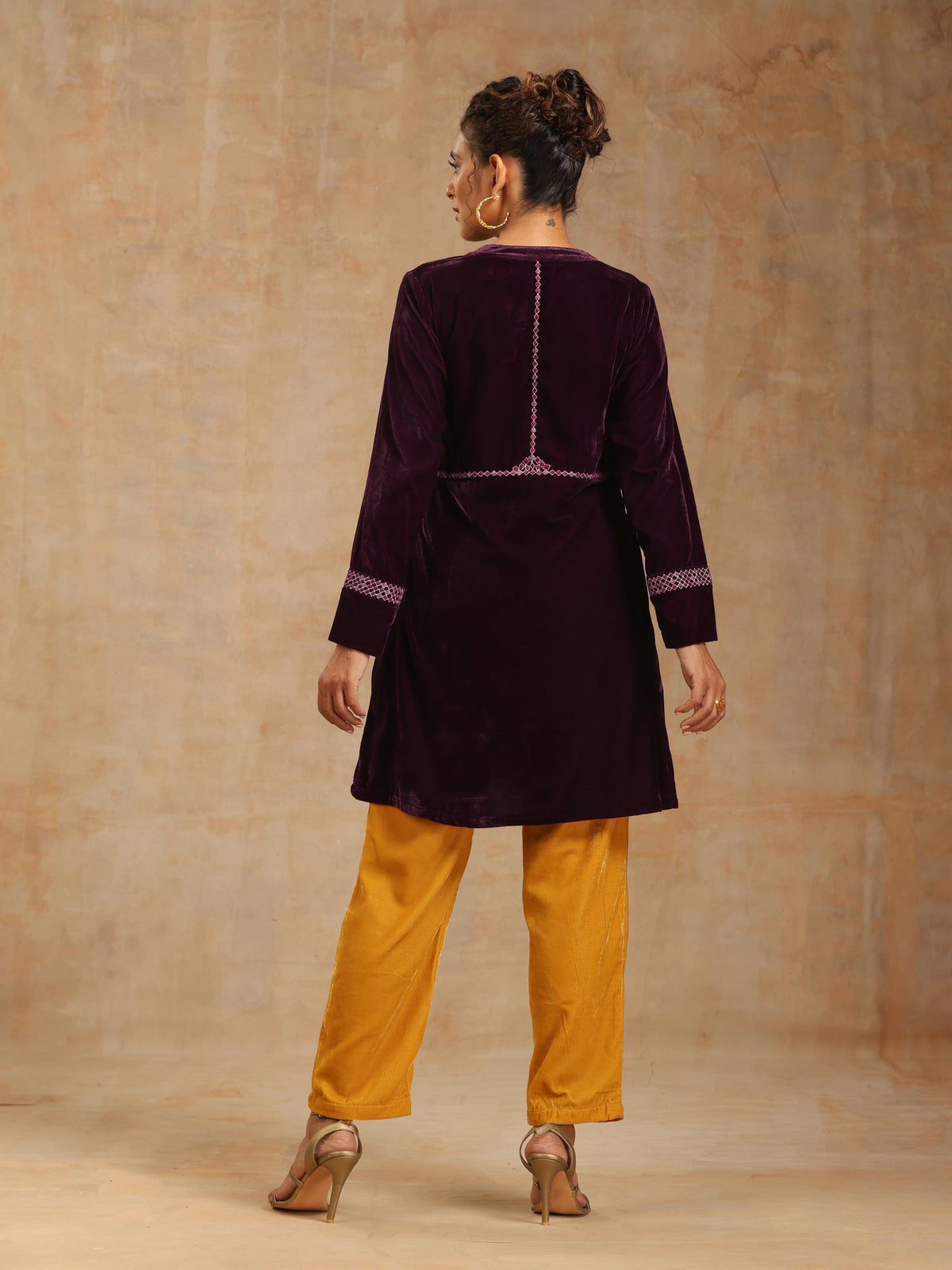 trueBrowns Wine Velvet Placket Embroidered Co-ord Set | Grocsy