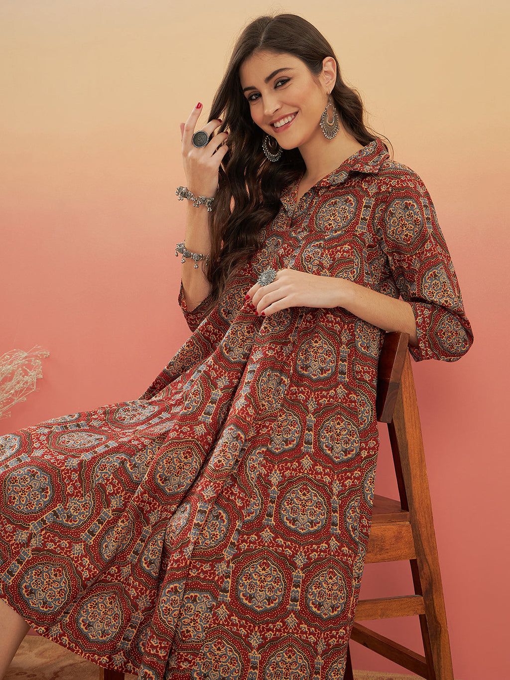 InWeave Women's Maroon Mughal Kalamkari Flared Dress | Grocsy