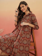 InWeave Women's Maroon Mughal Kalamkari Flared Dress | Grocsy