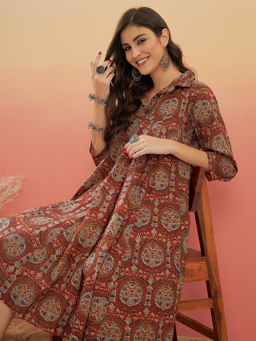 InWeave Women's Maroon Mughal Kalamkari Flared Dress | Grocsy