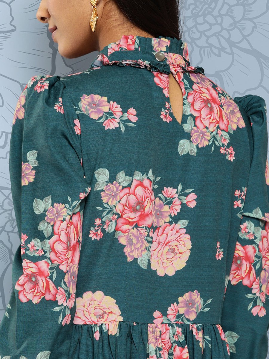 Ahalyaa Floral Print Puff Sleeves Tie-Up Neck Crepe Ethnic Gown With Cut-Out Detail | Grocsy