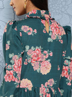 Ahalyaa Floral Print Puff Sleeves Tie-Up Neck Crepe Ethnic Gown With Cut-Out Detail | Grocsy
