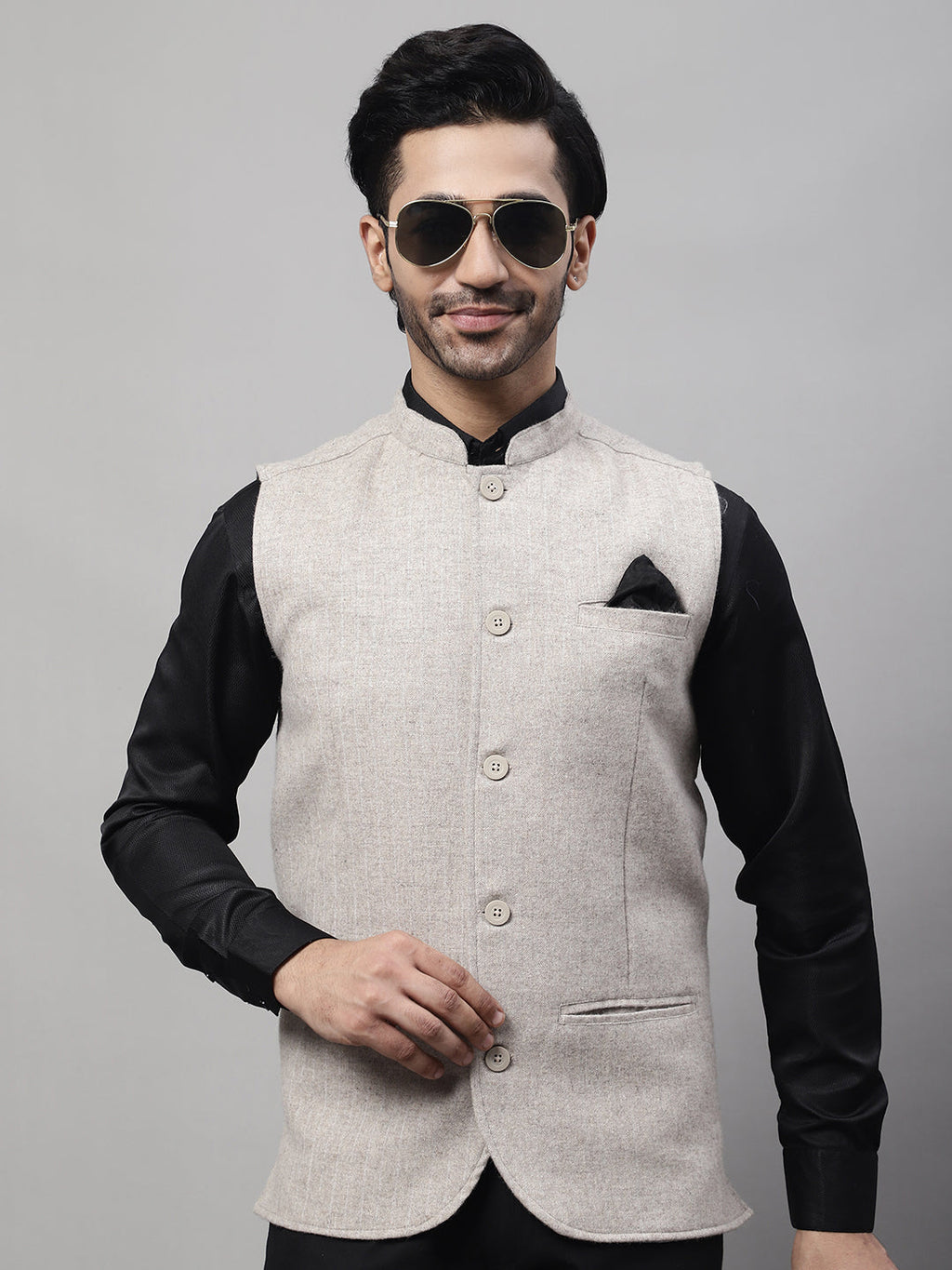 Even Apparels Men's Beige Pure Wool Nehru Jacket | Grocsy
