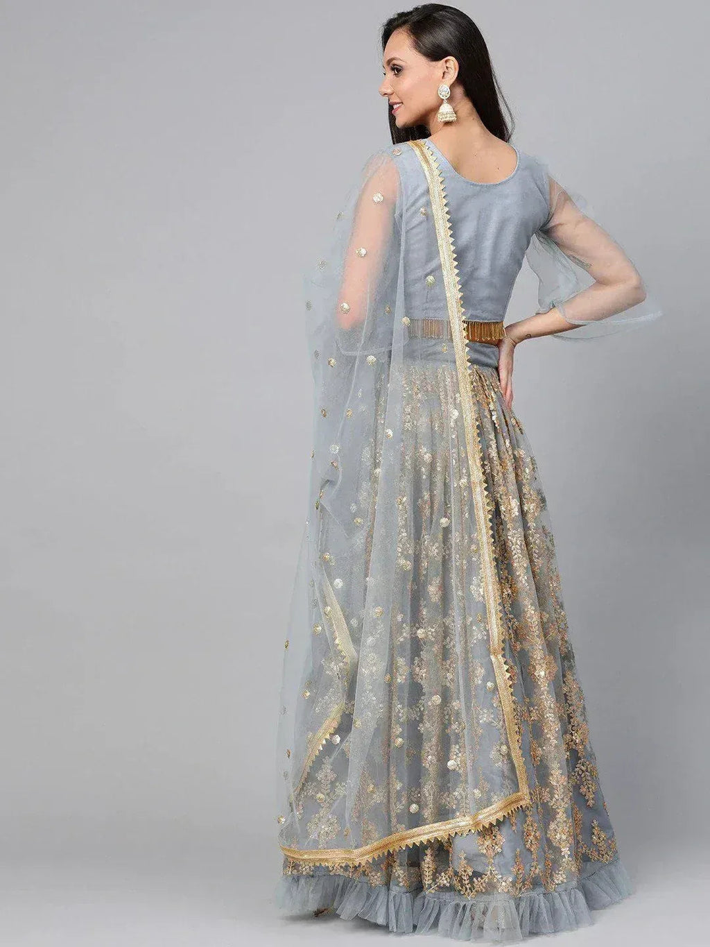 Tulsi Art Grey & Golden Semi-Stitched Embellished Myntra Lehenga & Unstitched Blouse With Dupatta | Grocsy