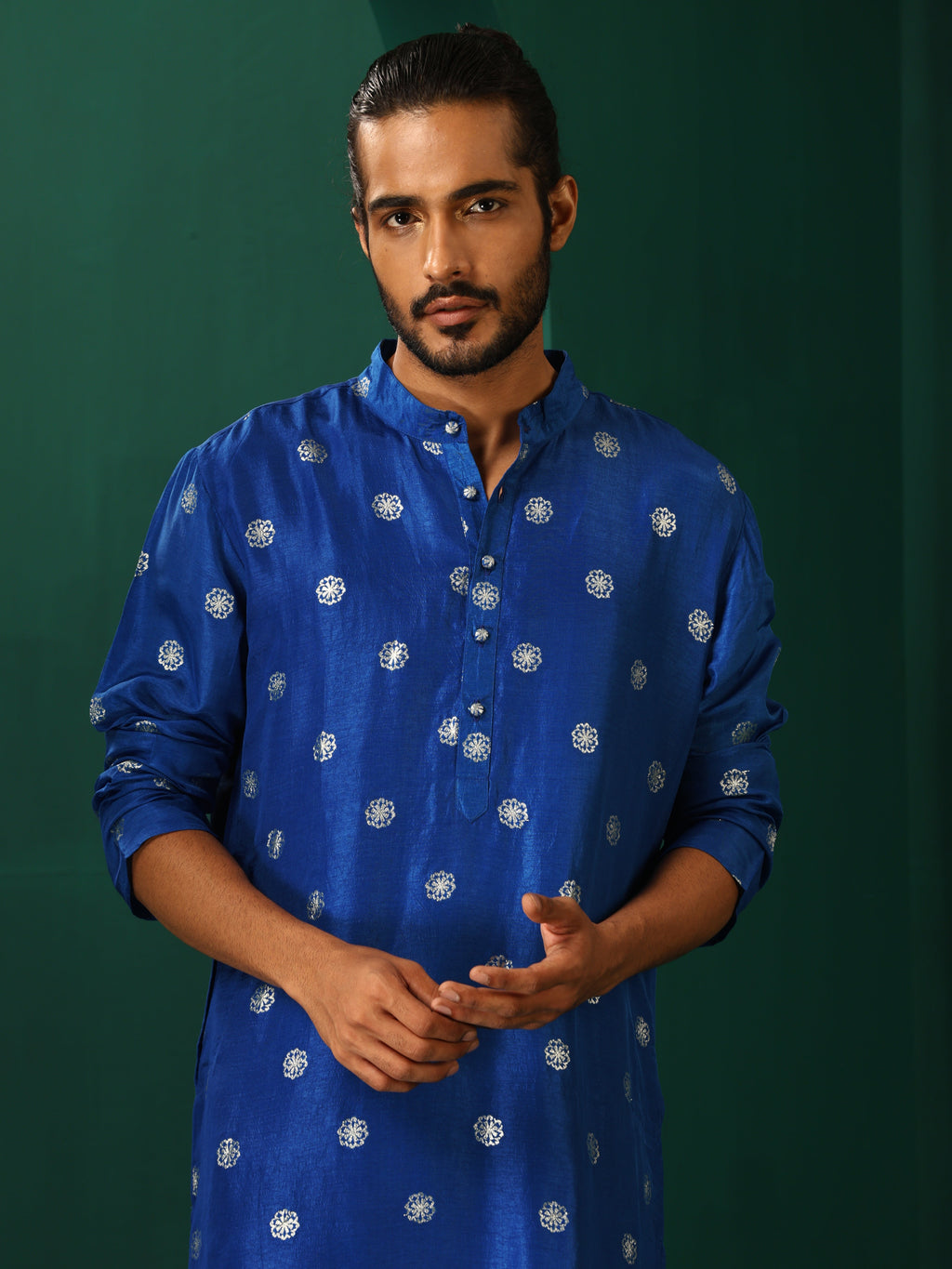 trueBrowns Men's Royal Blue Geometric Floral Viscose Silk Long Kurta | Grocsy