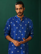 trueBrowns Men's Royal Blue Geometric Floral Viscose Silk Long Kurta | Grocsy
