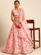 House of Panchhi Pink Organza Sequins And Zarkan Embroidery Lehenga Choli & Dupatta | Grocsy