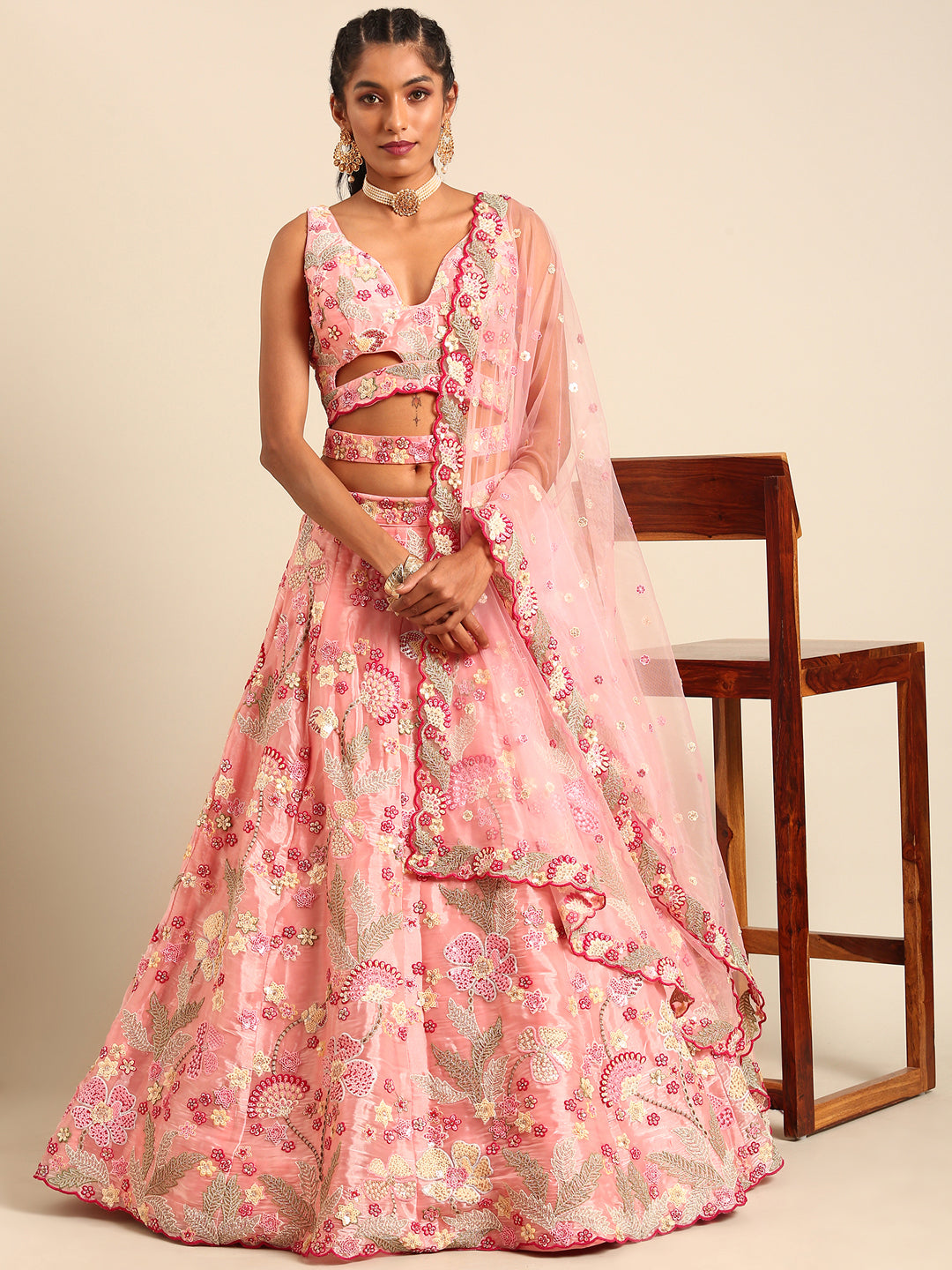 House of Panchhi Pink Organza Sequins And Zarkan Embroidery Lehenga Choli & Dupatta | Grocsy