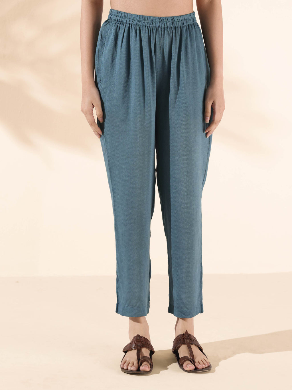trueBrowns Turquoise Viscose Dobby Flared Kurta Pant Set | Grocsy