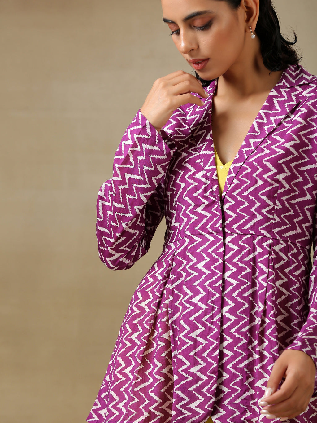 trueBrowns Lime Green Bandhani Printed Silk Top Pant with Purple Printed Jacket Set | Grocsy