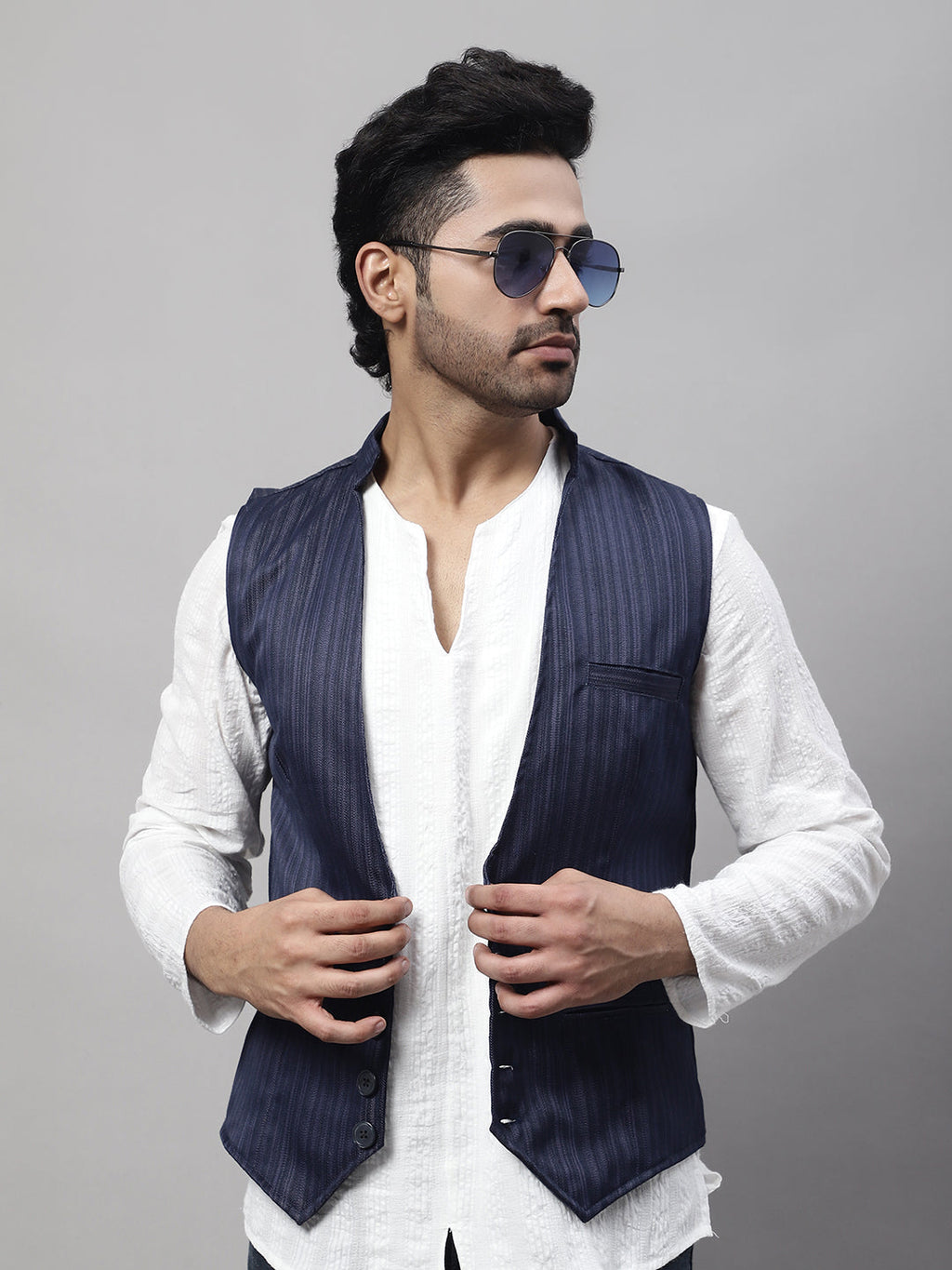 Even Apparels Men's Blue Nehru Jacket With Welt Pockets | Grocsy