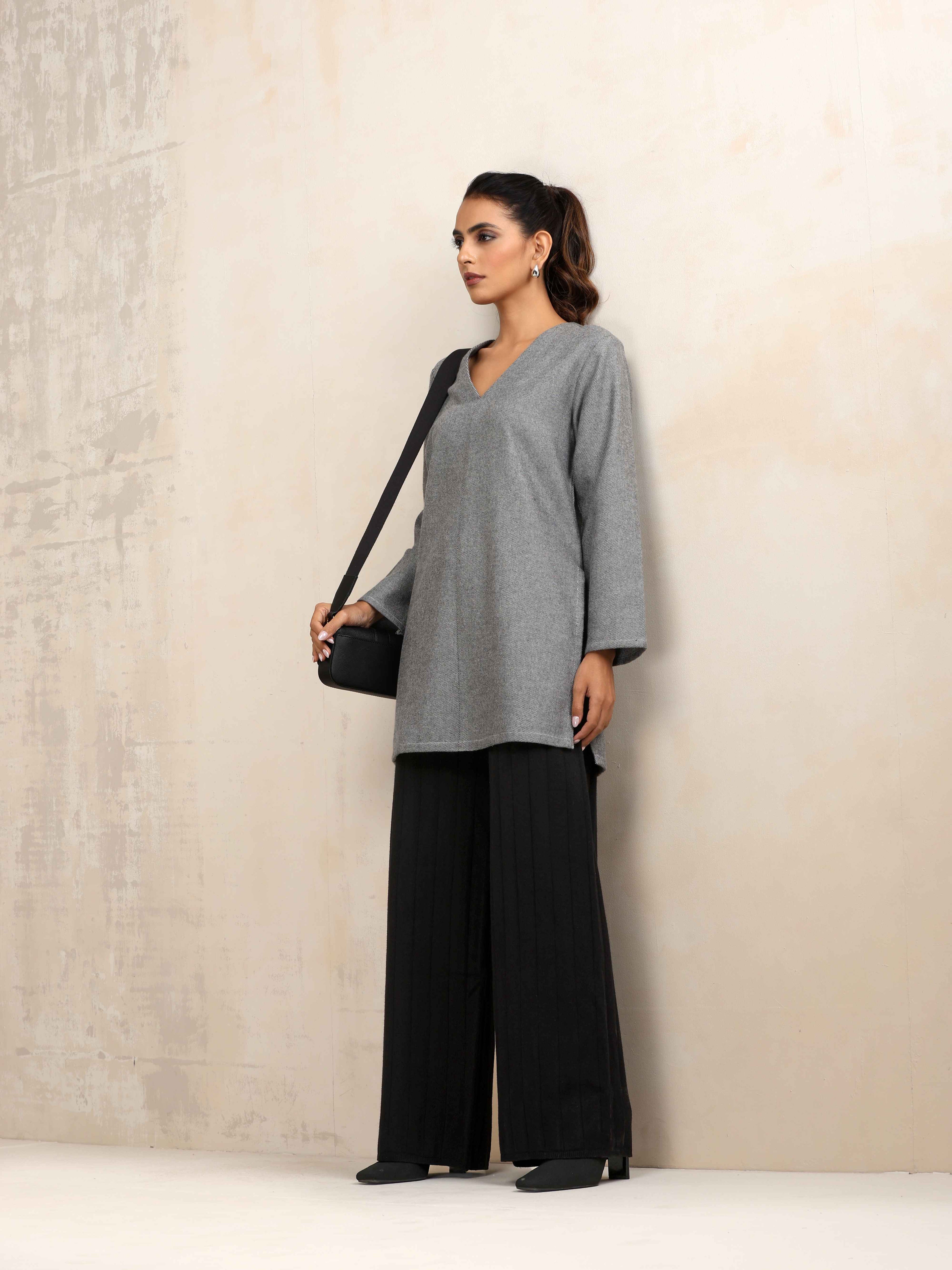 trueBrowns Black Woollen Flared Pants | Grocsy