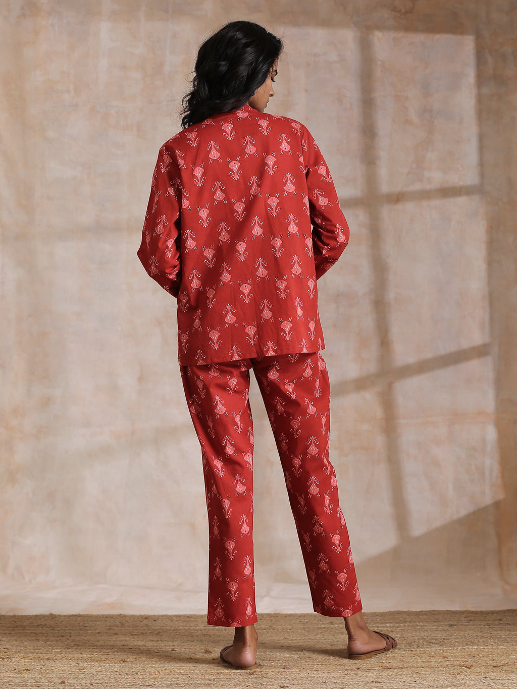 trueBrowns Red On Red Ikat Print Cotton Pant Suit Set | Grocsy